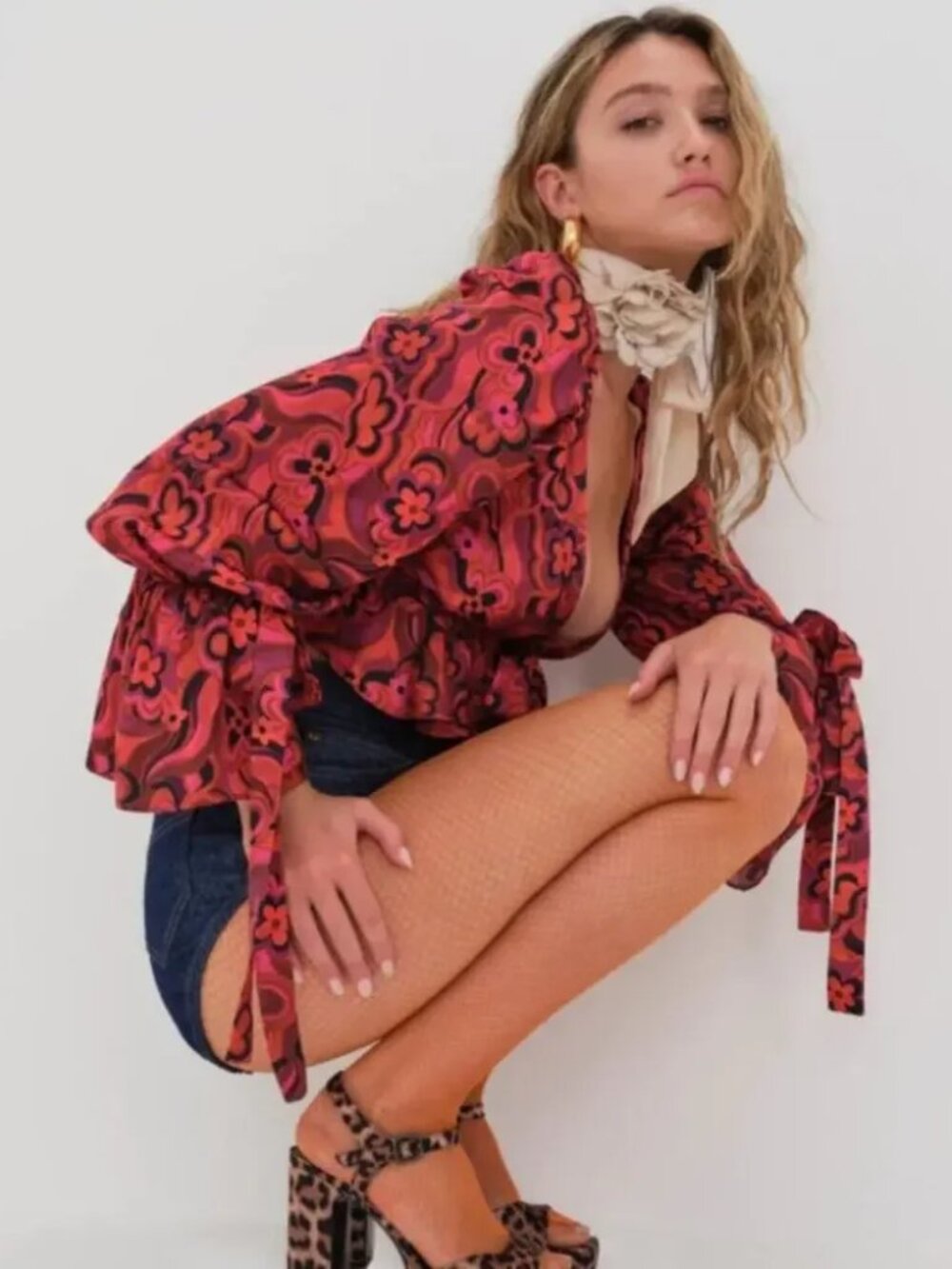 For Love & Lemons Davina Top Womens 2XS Red Floral Tie Front Ruffle Crop Blouse